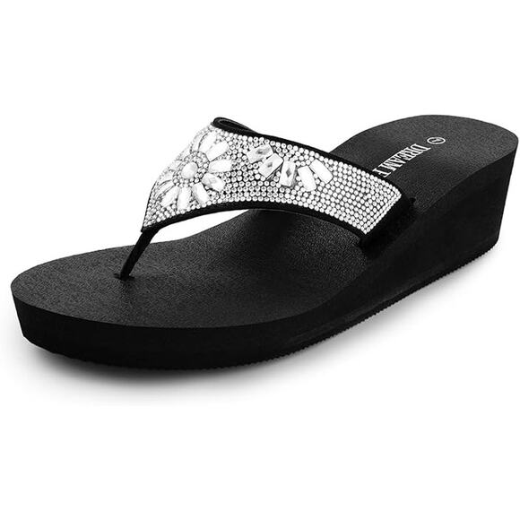 Dream Pairs Womens Size 7 Black Silver Rhinestone Platform Flip Flop Sandals - Picture 1 of 7
